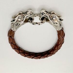 John Hardy Sterling Silver Brown Braided Leather Naga Double Dragon Bracelet 7"